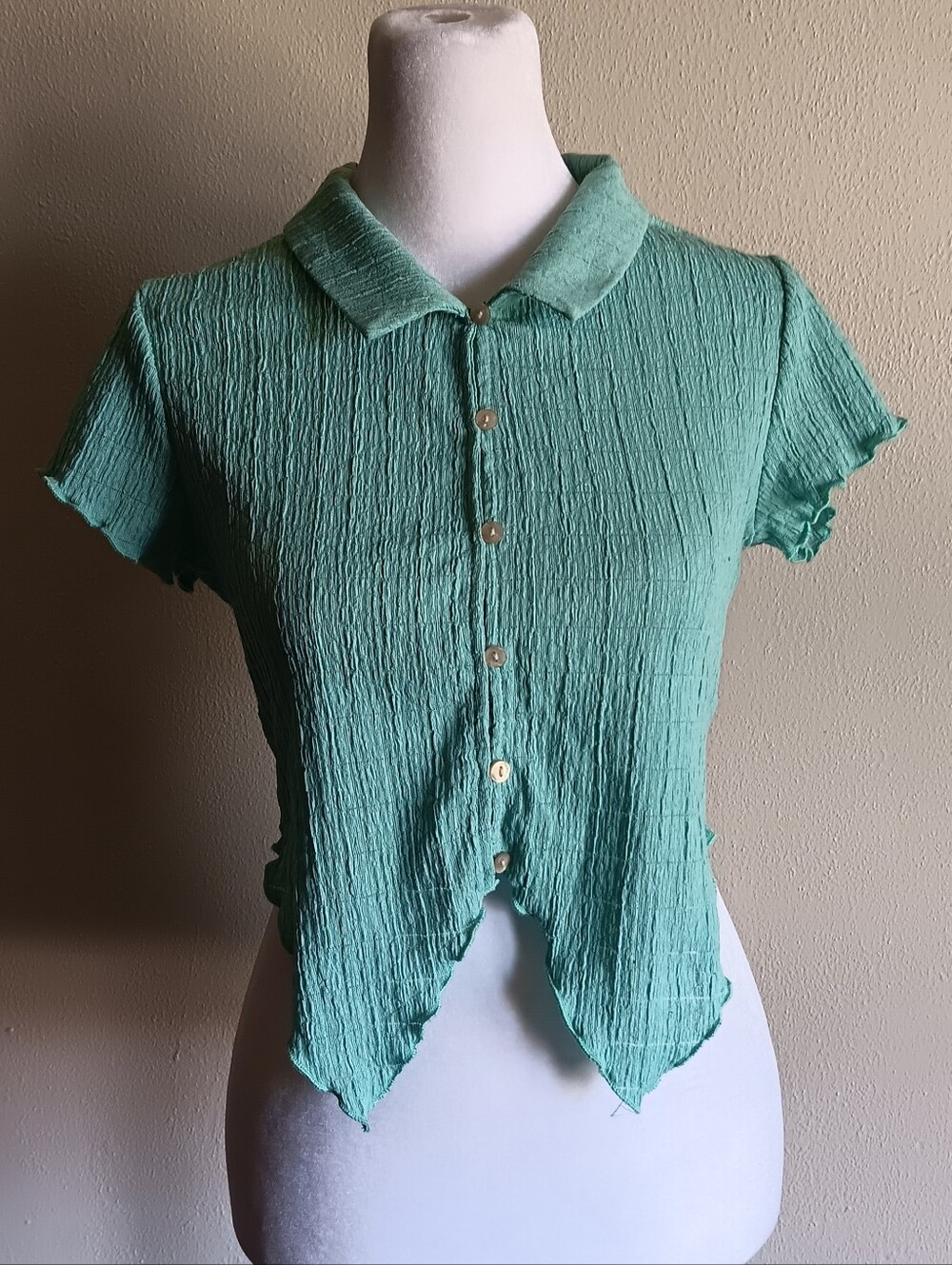 Light Green Textured Button Front Women's Top Size Small, Fairy Fairycore Summer